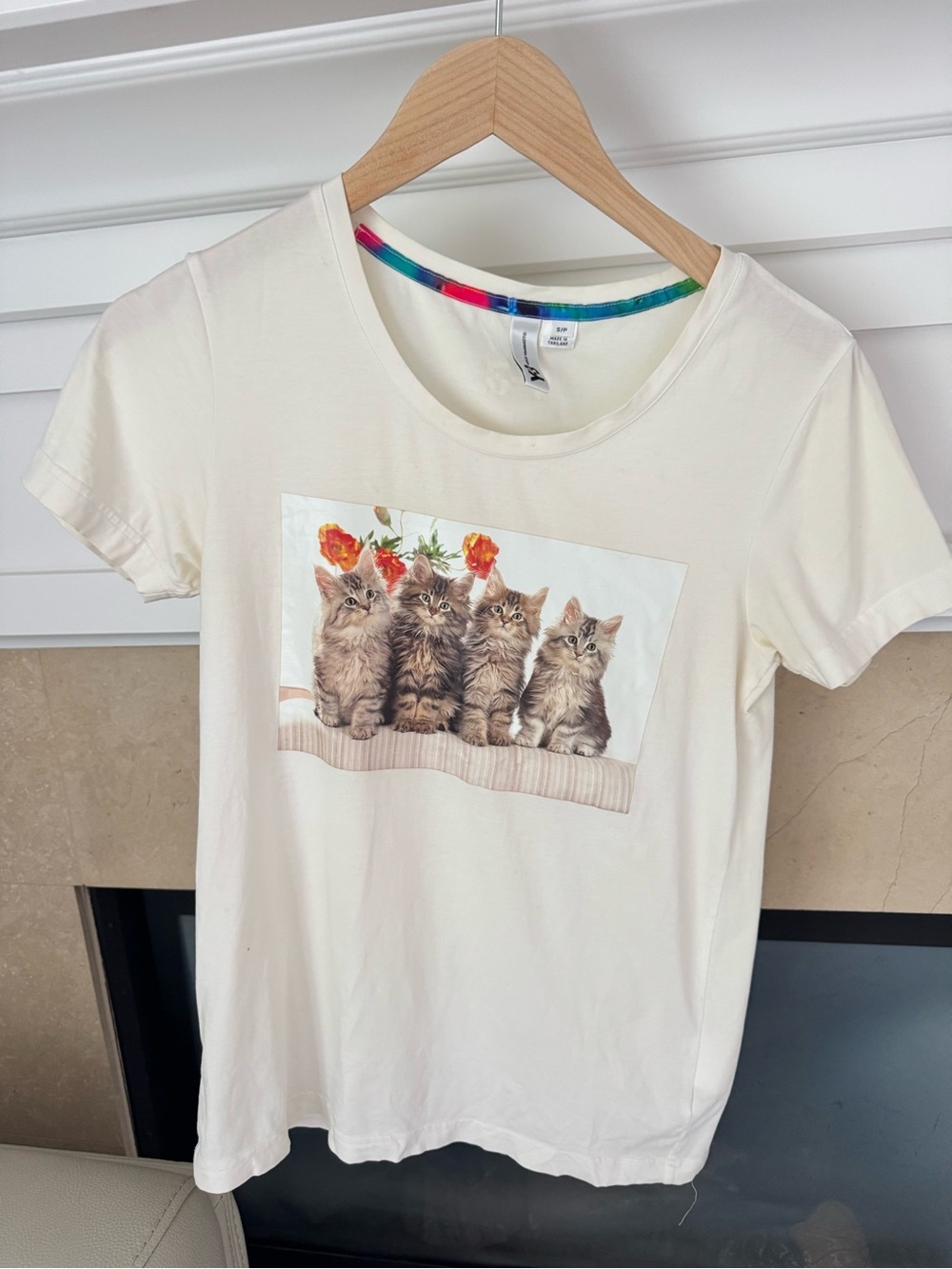 Y-3 Cream Cat Graphic Tee with Colorful Neck Trim